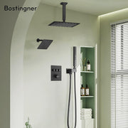 Bostingner 10+6 Inch Dual Shower Head Thermostatic Systems with 2 Function Wand Matte Black - Bostingner