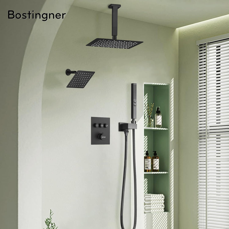 Bostingner 10+6 Inch Dual Shower Head Thermostatic Systems with 2 Function Wand Matte Black - Bostingner
