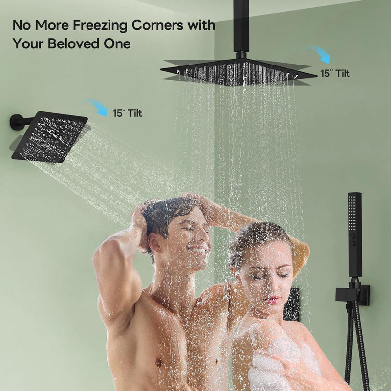 Bostingner 10+6 Inch Dual Shower Head Thermostatic Systems with 2 Function Wand Matte Black - Bostingner