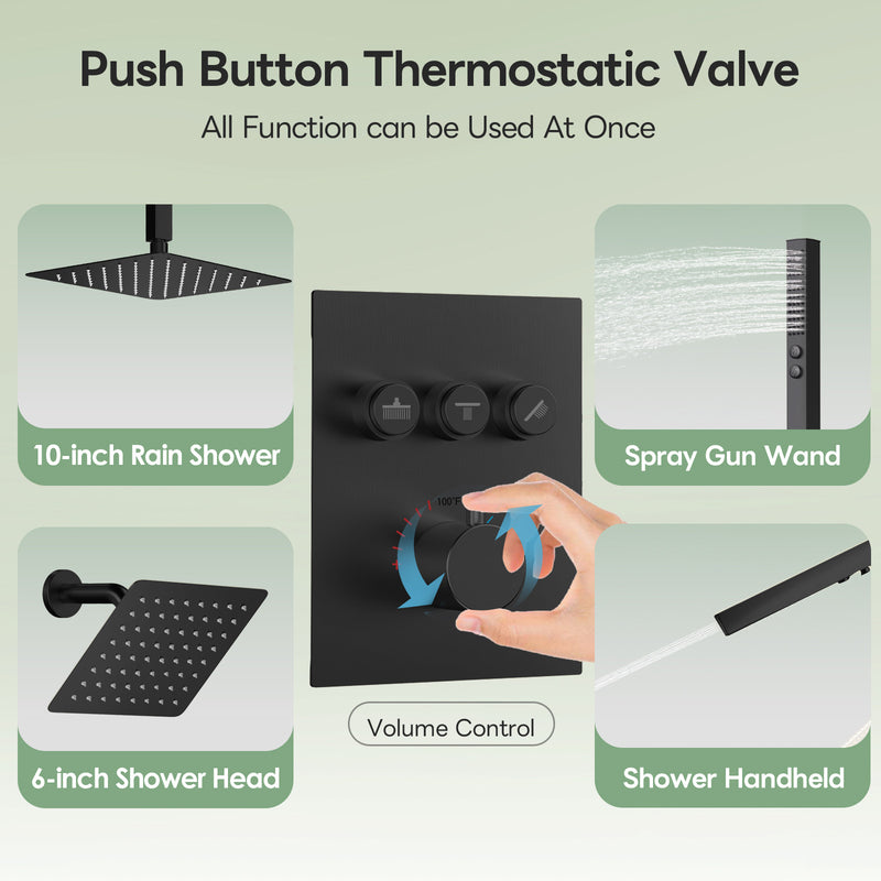 Bostingner 10+6 Inch Dual Shower Head Thermostatic Systems with 2 Function Wand Matte Black - Bostingner