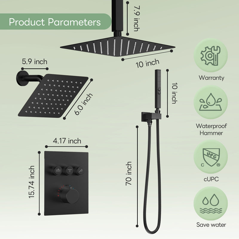 Bostingner 10+6 Inch Dual Shower Head Thermostatic Systems with 2 Function Wand Matte Black - Bostingner