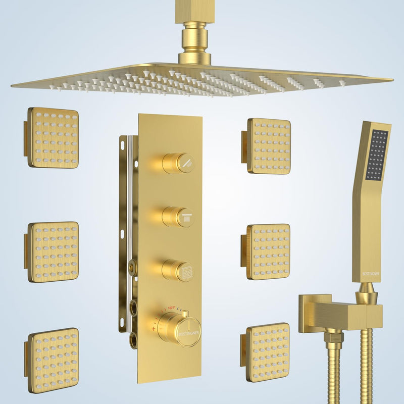 Bostingner Thermostatic Shower System Ceiling Mounted Square 16 Inch Gold - Bostingner