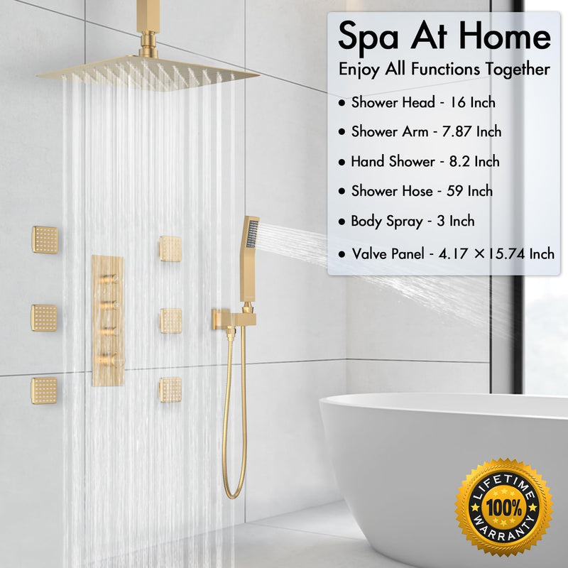 Bostingner Thermostatic Shower System Ceiling Mounted Square 16 Inch Gold - Bostingner