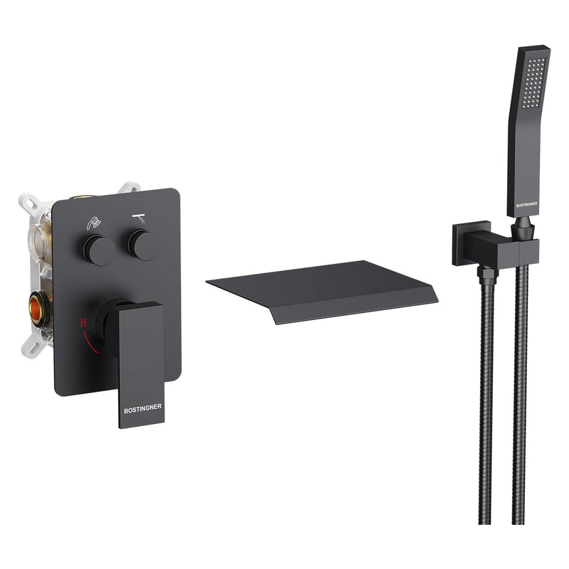 Bostingner 7.9" Waterfall Bathtub Faucet Set with Sprayer Push Button Matte Black - Bostingner