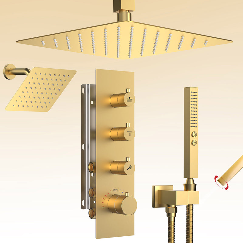 Bostingner 12+6 Inch Dual Shower Head Thermostatic Systems Gold (Knob) - Bostingner