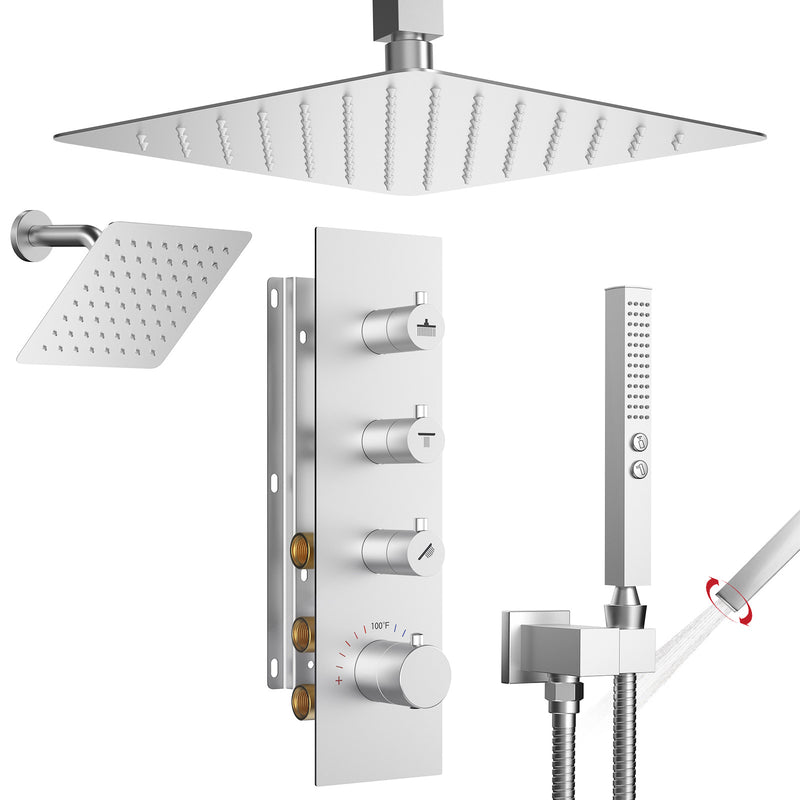 Bostingner 12+6 Inch Dual Shower Head Thermostatic Systems Brushed Nickel (Knob) - Bostingner