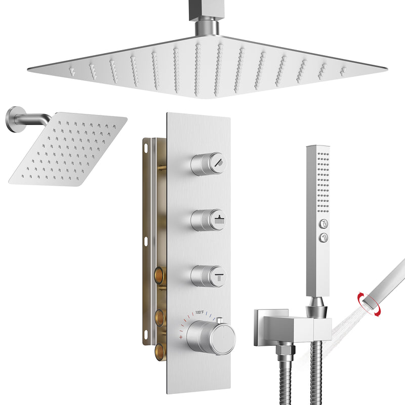 Bostingner 12+6 Inch Dual Shower Head Thermostatic Systems Brushed Nickel (Push Button) - Bostingner