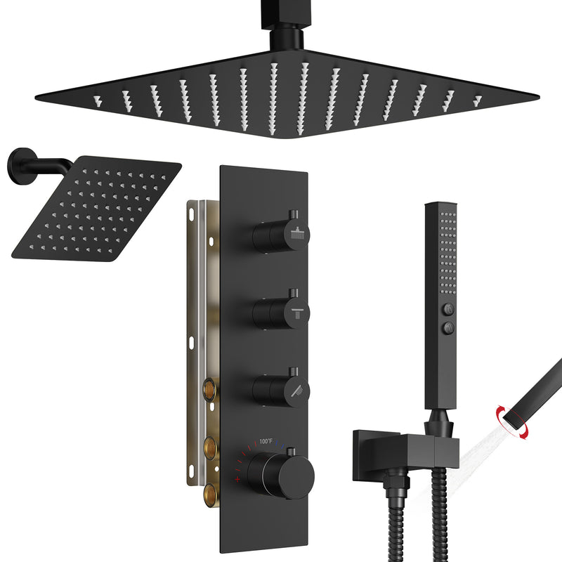 Bostingner 12+6 Inch Dual Shower Head Thermostatic Systems Matte Black (Knob) - Bostingner
