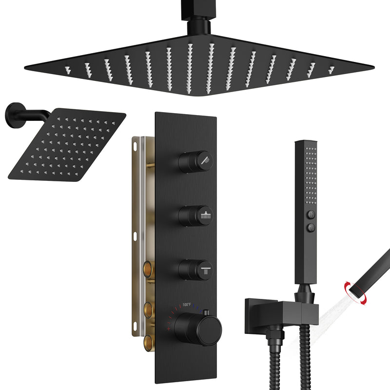 Bostingner 12+6 Inch Dual Shower Head Thermostatic Systems Matte Black (Push Button) - Bostingner