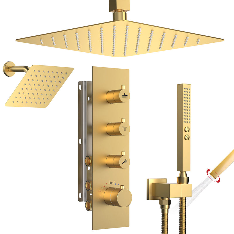 Bostingner 12+6 Inch Dual Shower Head Thermostatic Systems Gold (Knob) - Bostingner