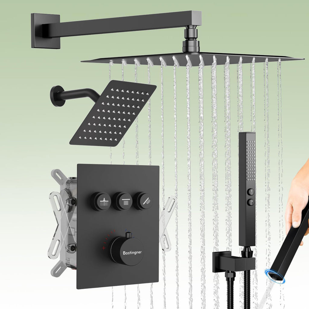 Bostingner 12+6 Inch Dual Shower Head Thermostatic Systems with 2 Function Wand Matte Black