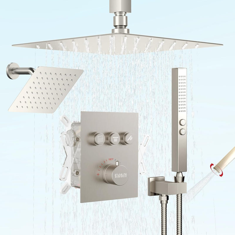 Bostingner 10+6 Inch Dual Shower Head Thermostatic Systems with 2 Function Wand Brushed Nickel - Bostingner