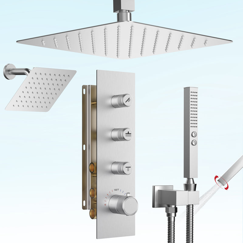 Bostingner 12+6 Inch Dual Shower Head Thermostatic Systems Brushed Nickel (Push Button) - Bostingner