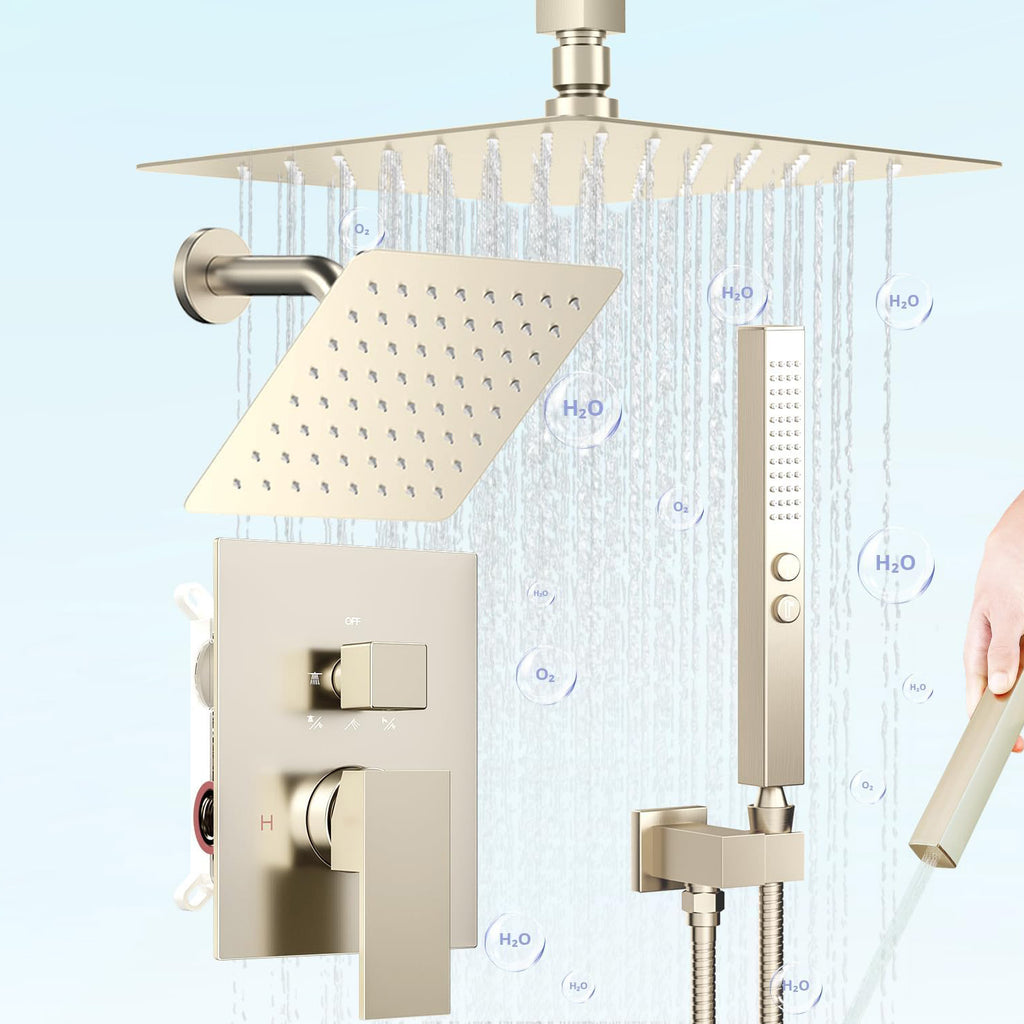 Bostingner 12+6 Inch Dual Shower Head System Brushed Nickel (Five Function)