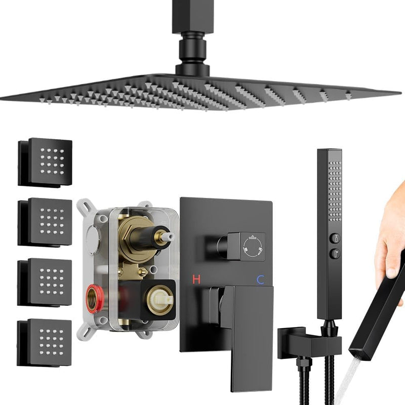 Bostingner Shower System with Body Spray Jets Ceiling Mounted Matte Black 10 Inch - Bostingner