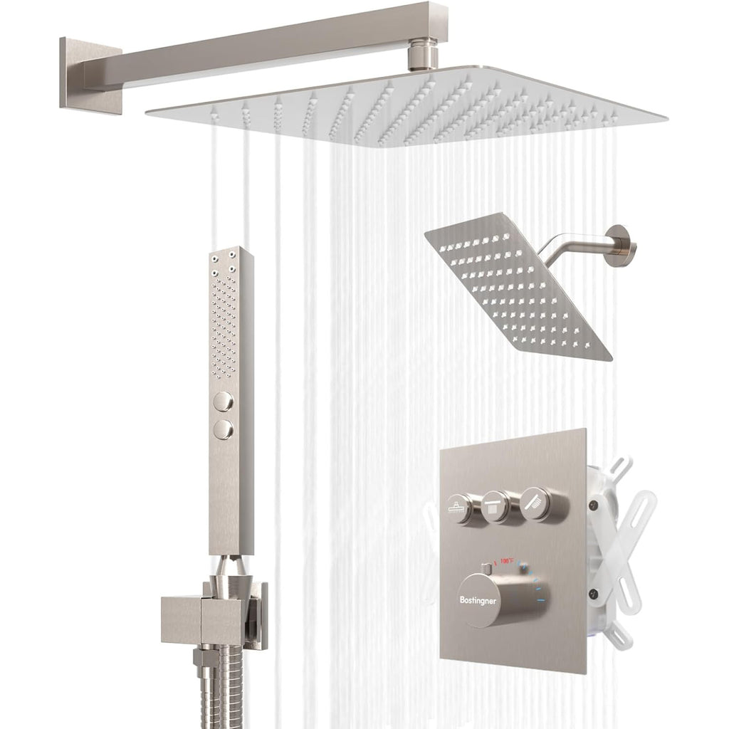 Bostingner 12+8 Inch Dual Shower Head Thermostatic Systems with 2 Function Wand