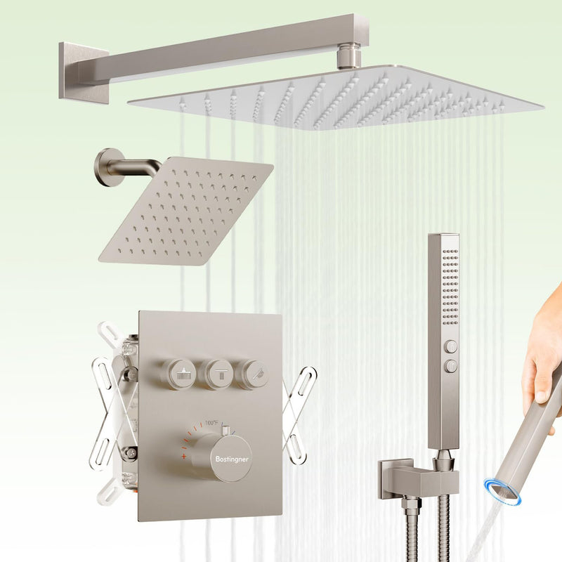 Bostingner 12+6 Inch Dual Shower Head Thermostatic Systems with 2 Function Wand Brushed Nickel - Bostingner