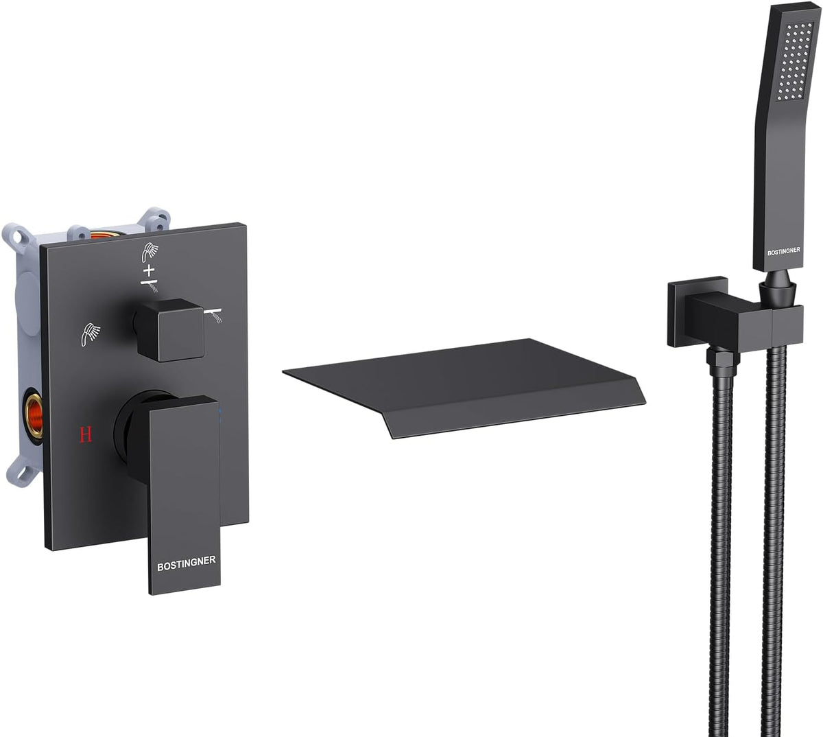 Bostingner 7.9" Waterfall Bathtub Faucet Set with Sprayer Matte Black