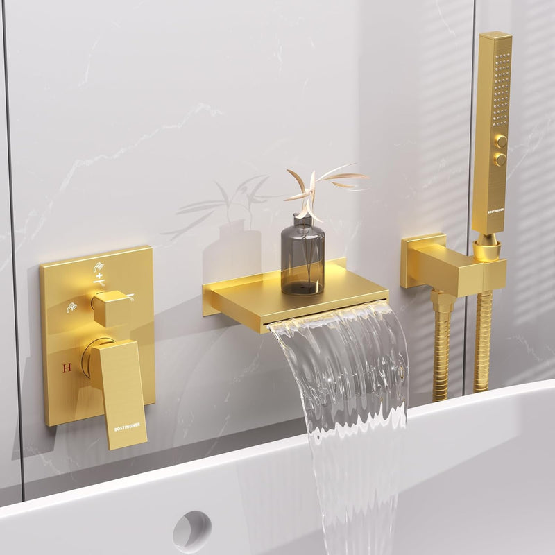 Bostingner 5.9" Waterfall Bathtub Faucet Set with 2 In 1 Handheld Sprayer Gold - Bostingner