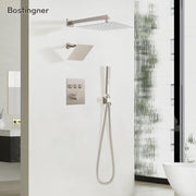Bostingner 12+6 Inch Dual Shower Head Thermostatic Systems with 2 Function Wand Brushed Nickel - Bostingner