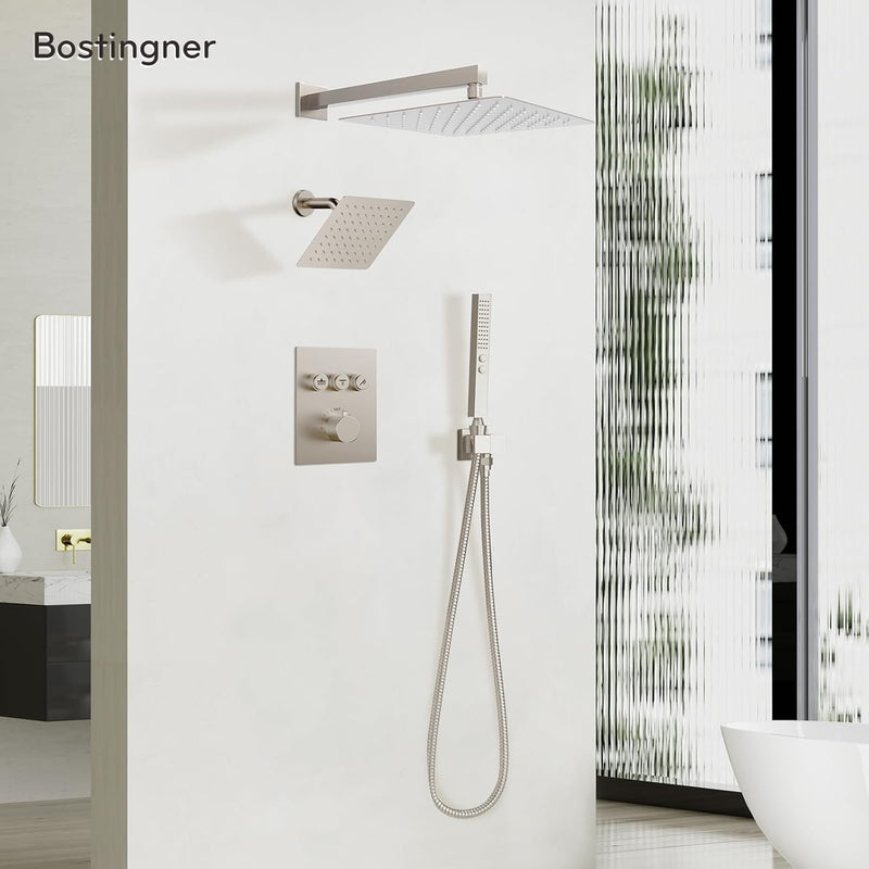 Bostingner 12+6 Inch Dual Shower Head Thermostatic Systems with 2 Function Wand Brushed Nickel - Bostingner