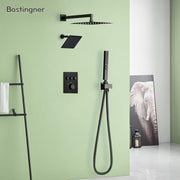 Bostingner 12+6 Inch Dual Shower Head Thermostatic Systems with 2 Function Wand Matte Black - Bostingner