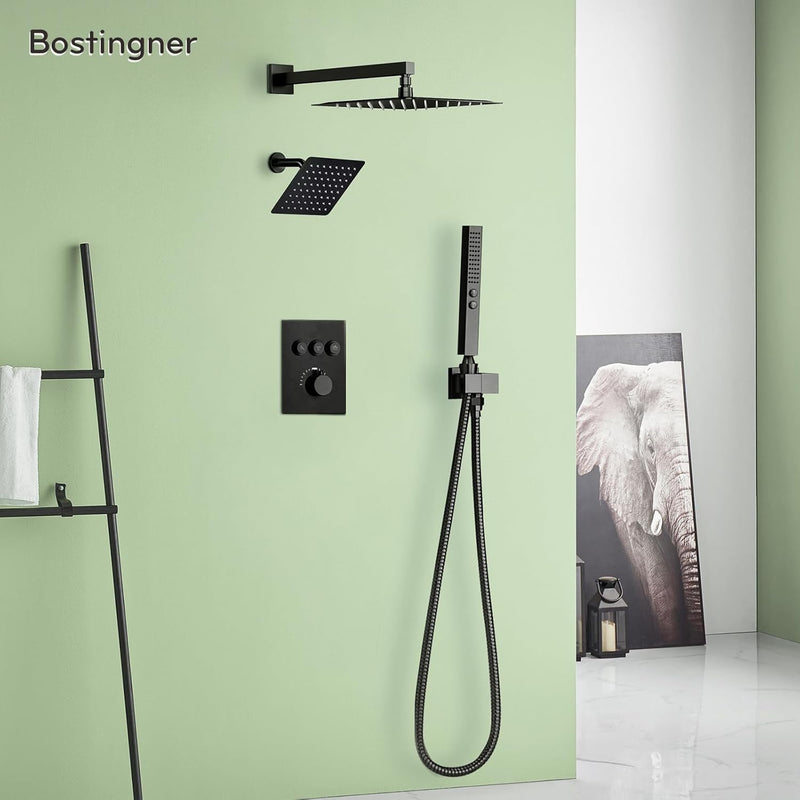 Bostingner 12+6 Inch Dual Shower Head Thermostatic Systems with 2 Function Wand Matte Black - Bostingner