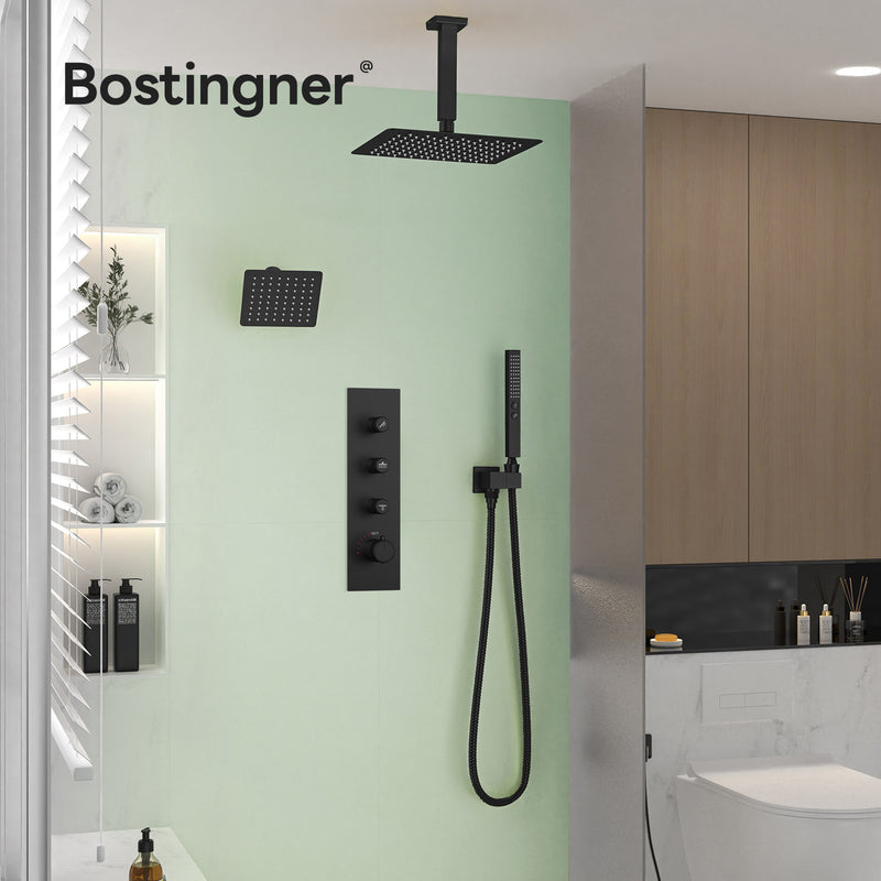 Bostingner 12+6 Inch Dual Shower Head Thermostatic Systems Matte Black (Push Button) - Bostingner