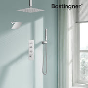 Bostingner 12+6 Inch Dual Shower Head Thermostatic Systems Brushed Nickel (Push Button) - Bostingner
