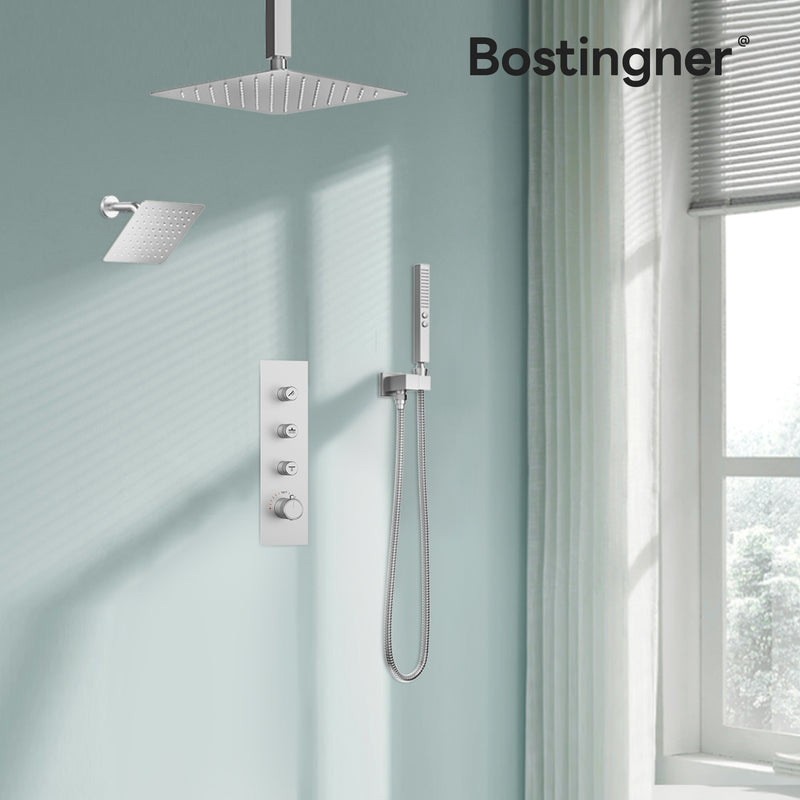 Bostingner 12+6 Inch Dual Shower Head Thermostatic Systems Brushed Nickel (Push Button) - Bostingner