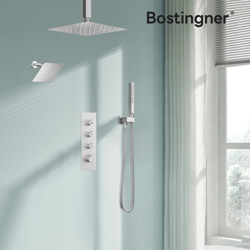 Bostingner 12+6 Inch Dual Shower Head Thermostatic Systems Brushed Nickel (Knob) - Bostingner