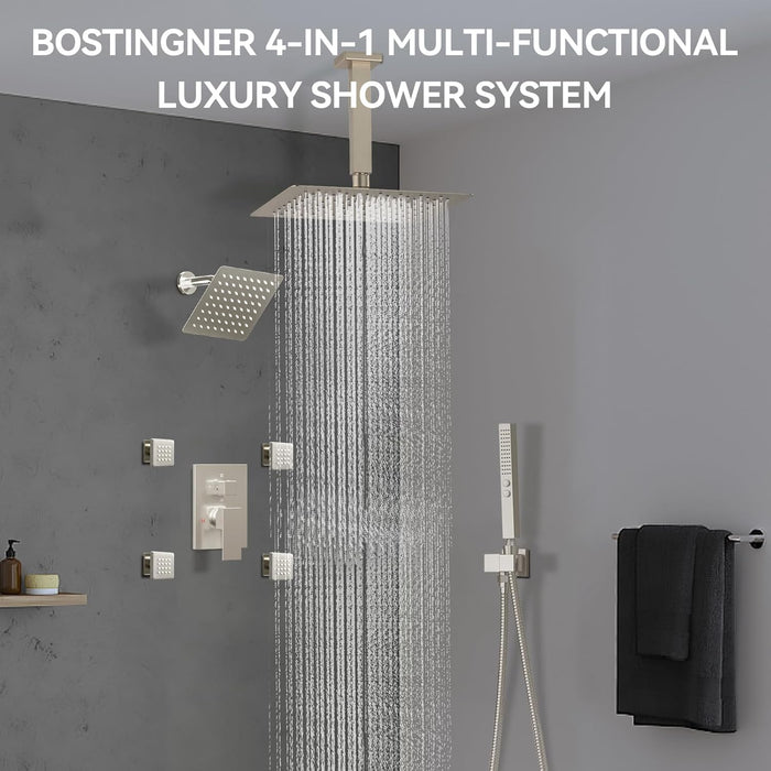 Bostingner Four Function Dual Shower Head System 12+6 Brushed Nickel