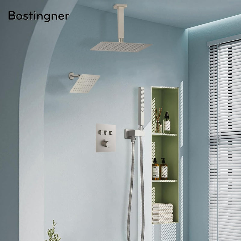 Bostingner 10+6 Inch Dual Shower Head Thermostatic Systems with 2 Function Wand Brushed Nickel - Bostingner