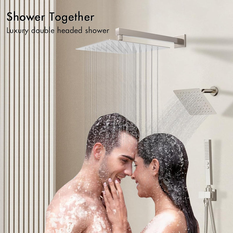 Bostingner 12+6 Inch Dual Shower Head Thermostatic Systems with 2 Function Wand Brushed Nickel - Bostingner