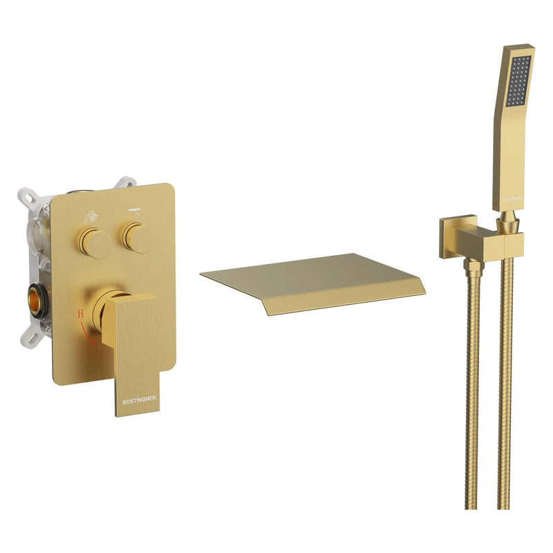 Bostingner 7.9" Waterfall Bathtub Faucet Set with Sprayer Push Button Gold - Bostingner