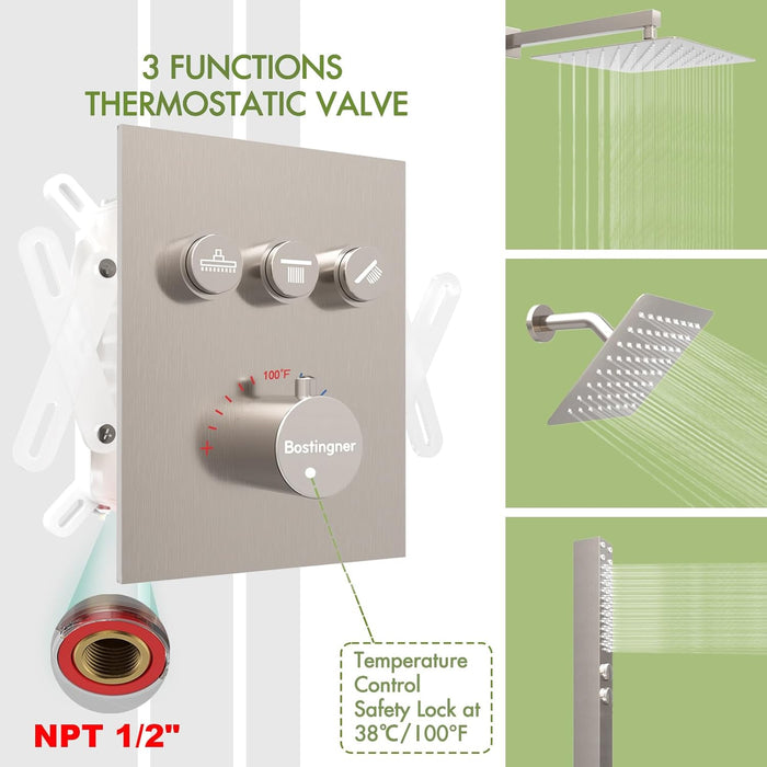 Bostingner 12+6 Inch Dual Shower Head Thermostatic Systems with 2 Function Wand