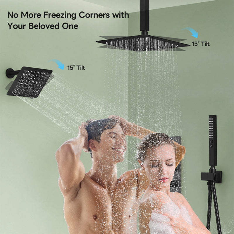 Bostingner 12+6 Inch Dual Shower Head Thermostatic Systems Matte Black (Push Button) - Bostingner