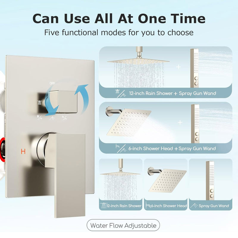 Bostingner 12+6 Inch Dual Shower Head System Brushed Nickel (Five Function) - Bostingner