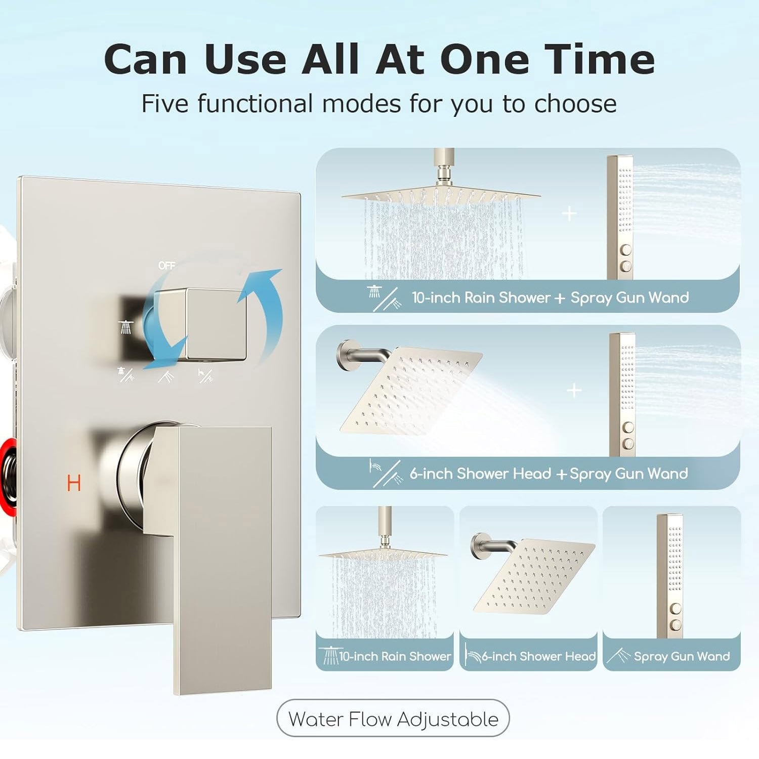 Bostingner 10+6 Inch Dual Shower Head System Brushed Nickel (Five Func