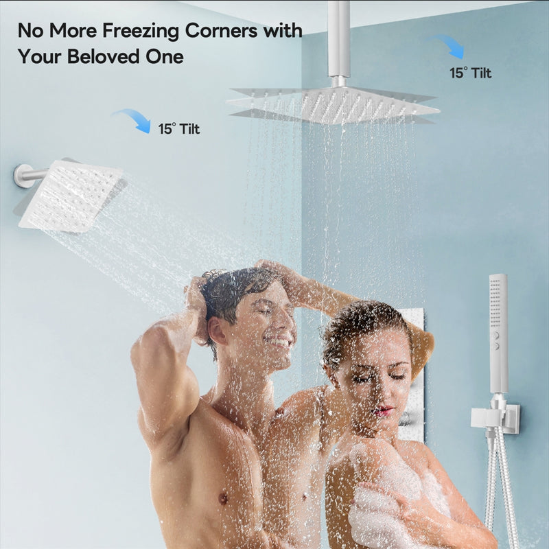 Bostingner 12+6 Inch Dual Shower Head Thermostatic Systems Brushed Nickel (Push Button) - Bostingner