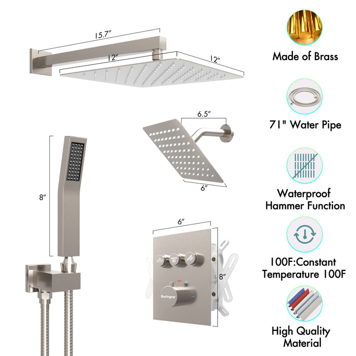 Bostingner 12" Dual Head Thermostatic Shower with 6" Rainfall Showerhead - Bostingner