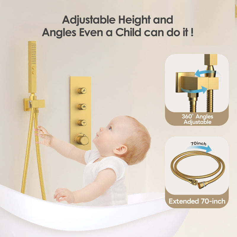 Bostingner 12+6 Inch Dual Shower Head Thermostatic Systems Gold (Push Button) - Bostingner