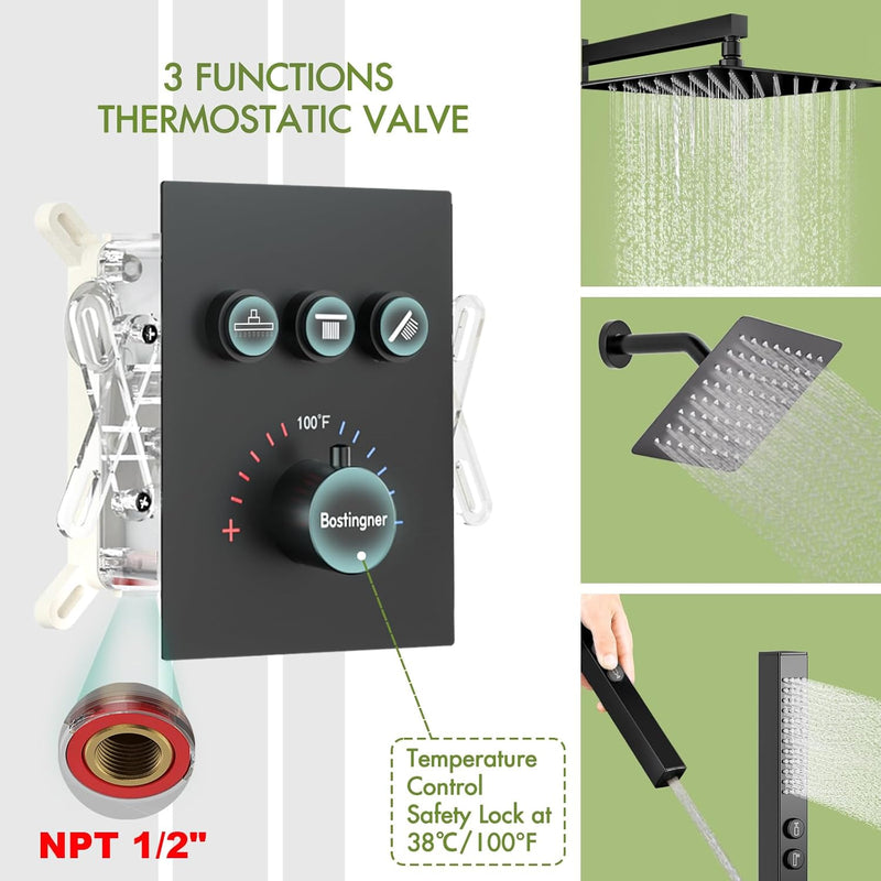 Bostingner 12+6 Inch Dual Shower Head Thermostatic Systems with 2 Function Wand Matte Black - Bostingner