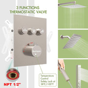Bostingner 12+6 Inch Dual Shower Head Thermostatic Systems with 2 Function Wand Brushed Nickel - Bostingner