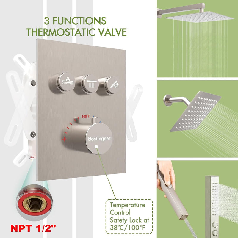 Bostingner 12+6 Inch Dual Shower Head Thermostatic Systems with 2 Function Wand Brushed Nickel - Bostingner