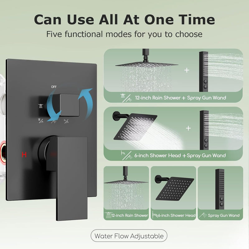 Bostingner 12+6 Inch Dual Shower Head System Matte Black (Five Function) - Bostingner