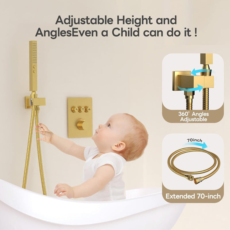 Bostingner 10+6 Inch Dual Shower Head Thermostatic Systems with 2 Function Wand Gold - Bostingner