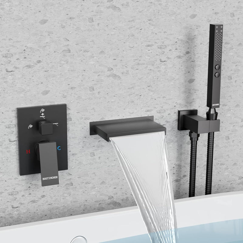 Bostingner 5.9" Waterfall Bathtub Faucet Set with 2 In 1 Handheld Sprayer Black - Bostingner
