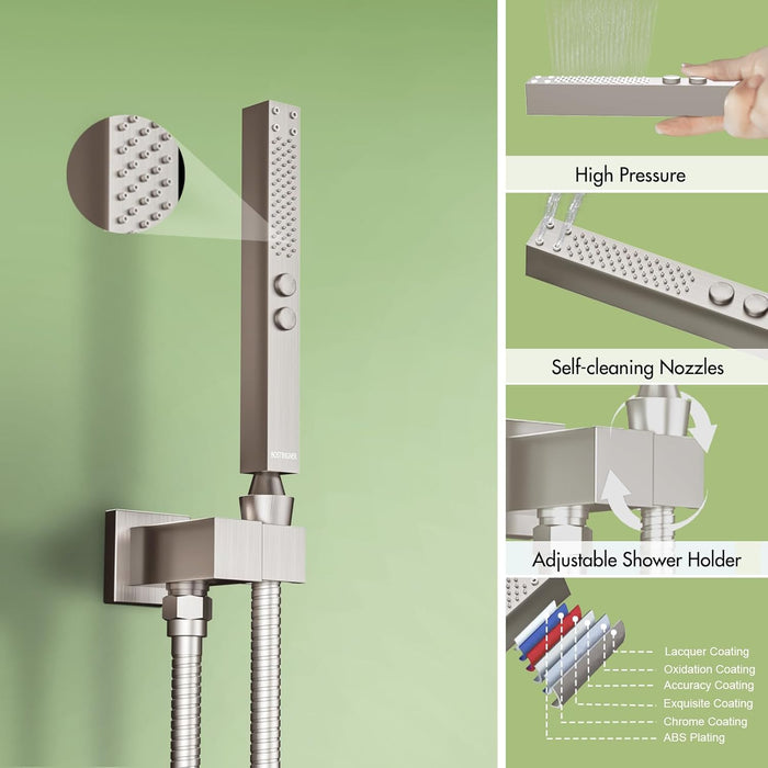 Bostingner 12+6 Inch Dual Shower Head Thermostatic Systems with 2 Function Wand