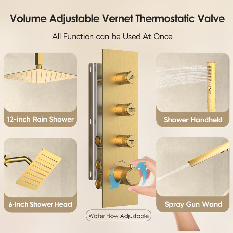 Bostingner 12+6 Inch Dual Shower Head Thermostatic Systems Gold (Push Button) - Bostingner